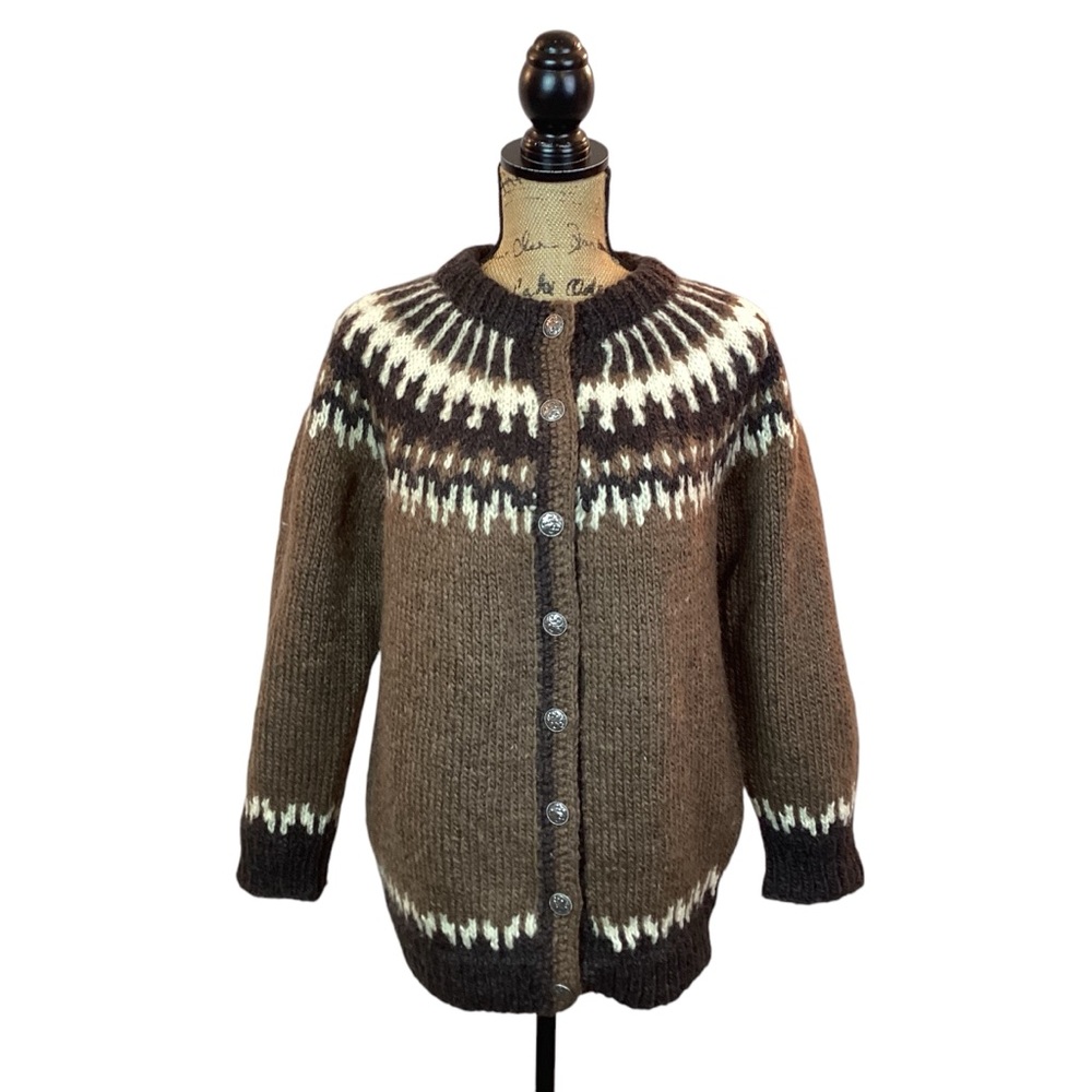 Wool Fair Isle Knit Heavyweight Cardigan Brown